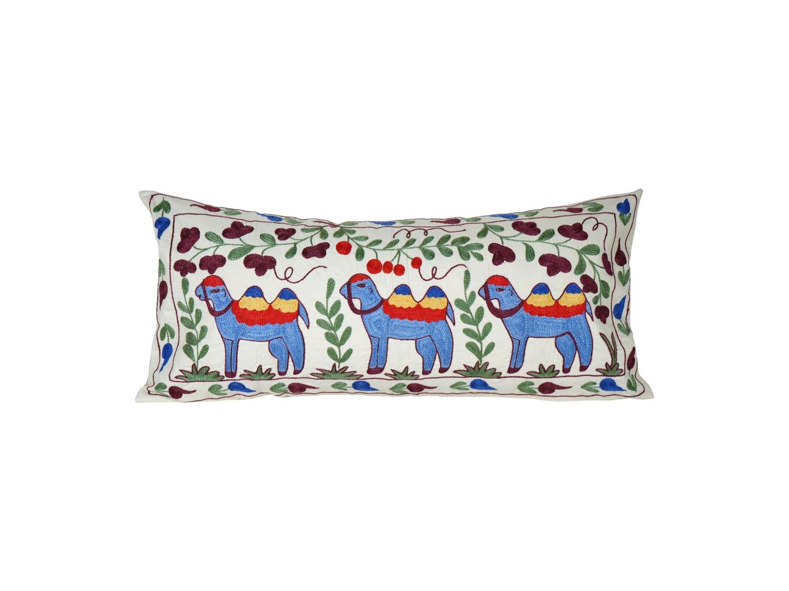 Vintage Suzani Pillow Cover – Uzbek Animal Design Lumbar Cushion
