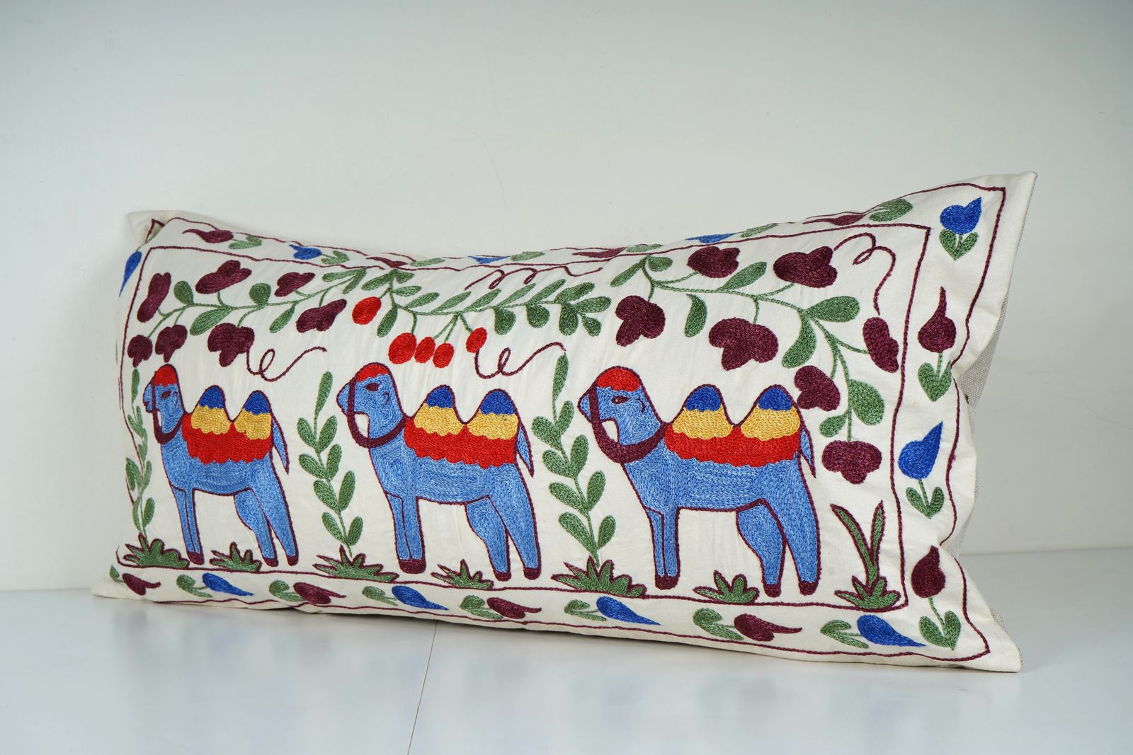 Vintage Suzani Pillow Cover – Uzbek Animal Design Lumbar Cushion photo Textiles