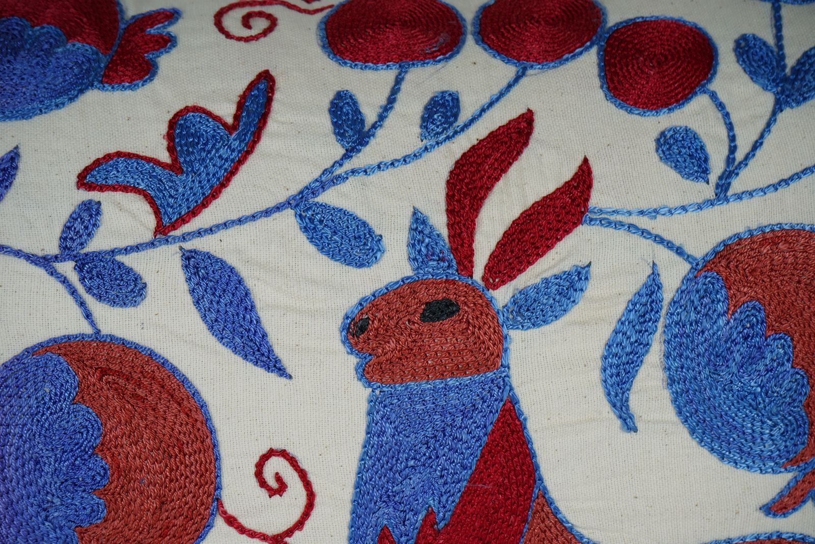 Vintage Suzani Lumbar Pillow Cover – Animal Design, Handmade Cotton photo furniture