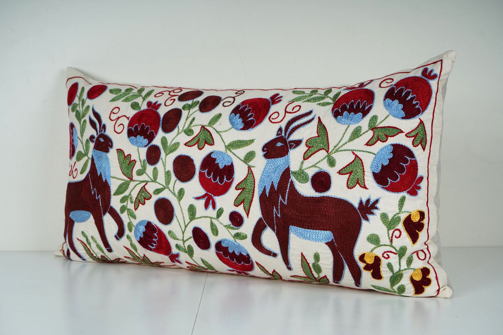 Handmade Suzani Lumbar Pillow Cover: Red & Blue Deer Embroidery photo 100.0