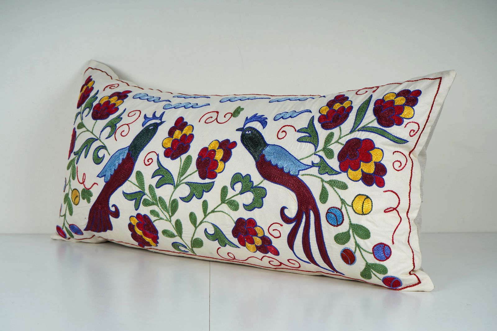 Peacock Suzani Pillow Cover – Hand Embroidered Floral Lumbar Cushion photo for sale