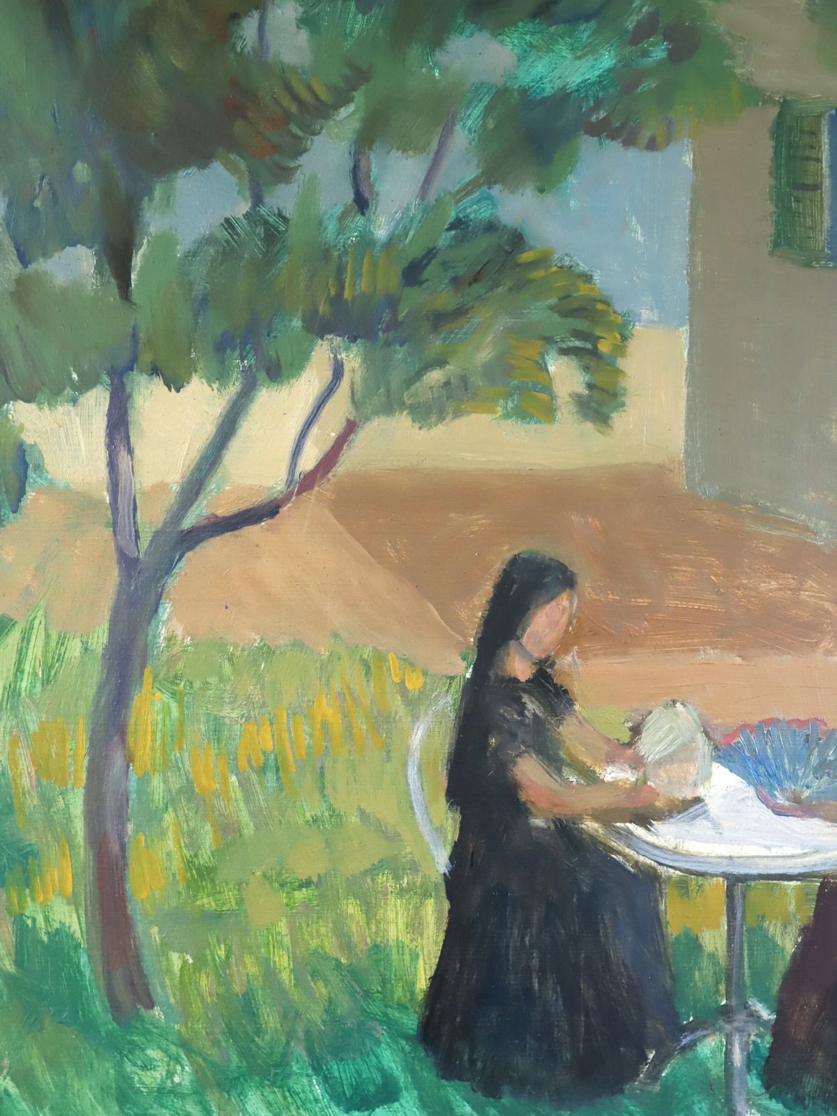 Garden Gathering Oil Painting, Mid 20th Century photo 490.0
