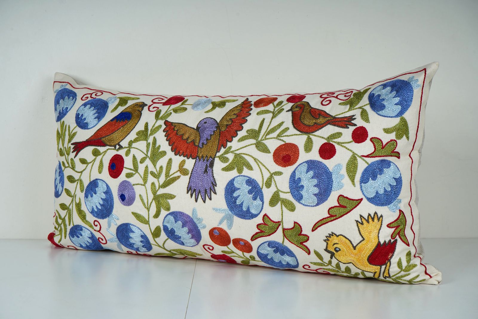 Hand Embroidered Suzani Lumbar Pillow Cover – Bird & Floral Design photo 100.0