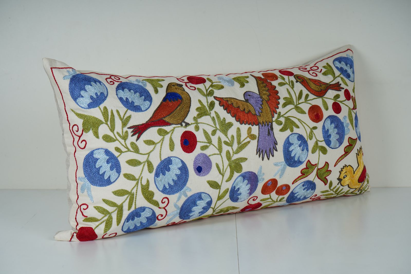Hand Embroidered Suzani Lumbar Pillow Cover – Bird & Floral Design photo Textiles