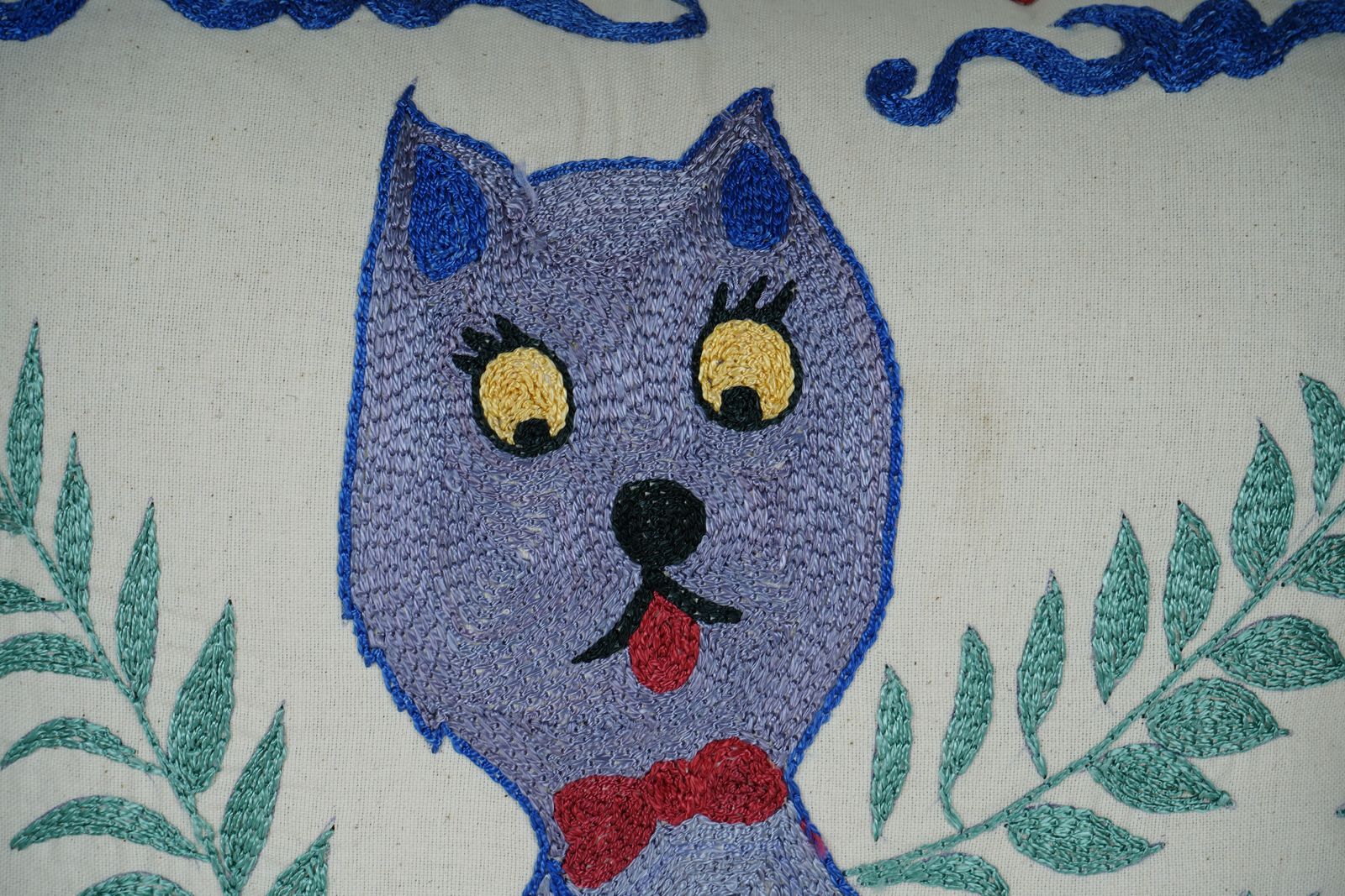 Purple Cat Embroidered Pillow – Suzani Art Cushion, Unique Handmade Home Decor photo Textiles
