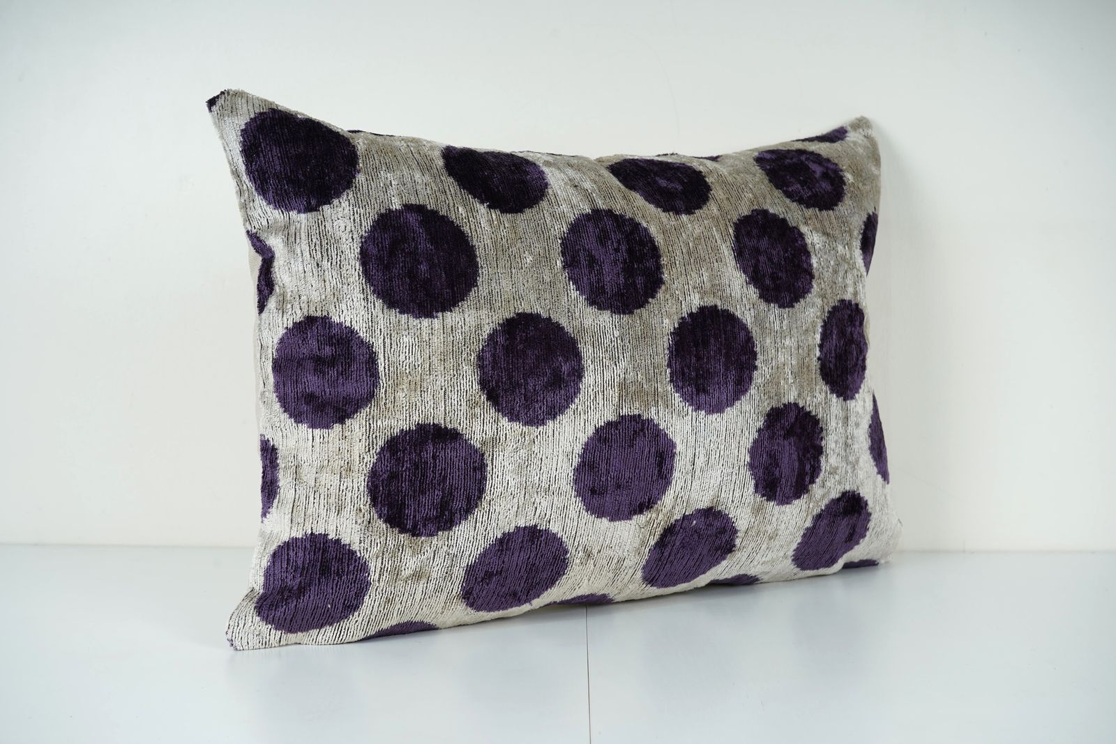 Handwoven Velvet Ikat Pillow Cover – Purple Polka Dot photo furniture