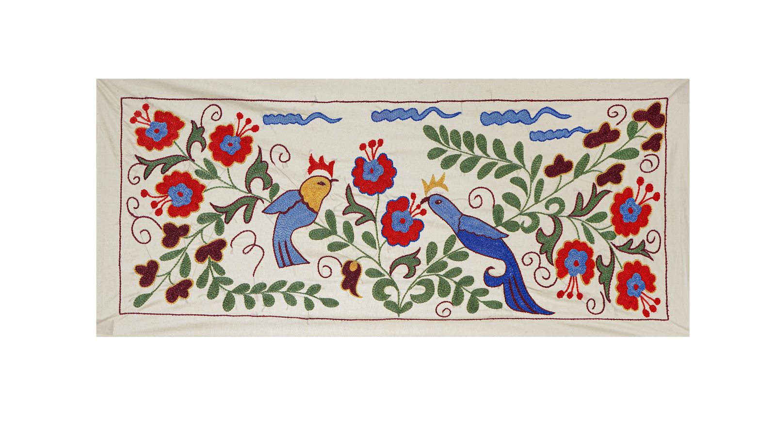 Uzbek Suzani Animal Cotton Tablecloth, 19th Century Bukhara Wall Hanging Decor   Cotton Bird Runner