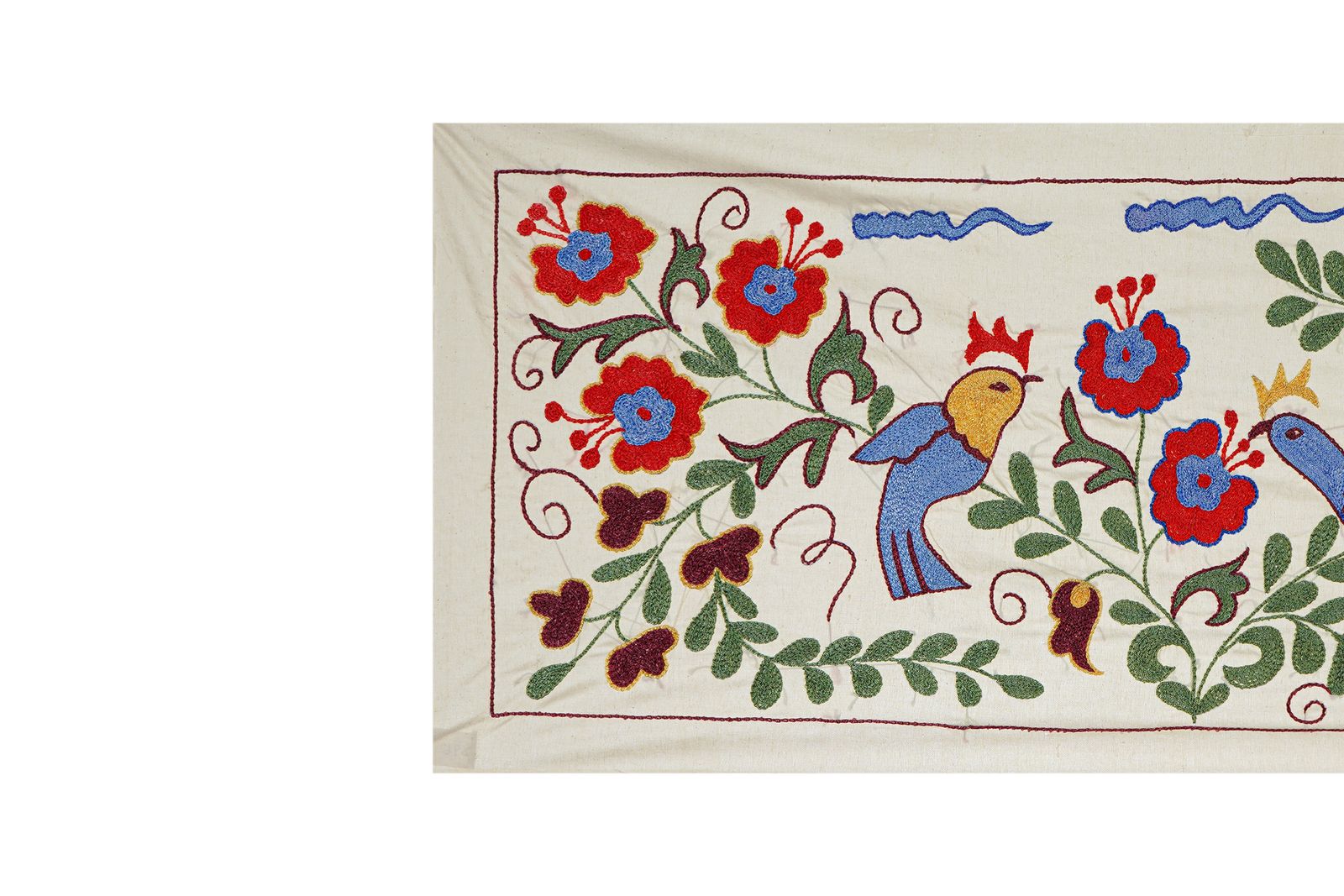 Uzbek Suzani Animal Cotton Tablecloth, 19th Century Bukhara Wall Hanging Decor   Cotton Bird Runner photo vintage
