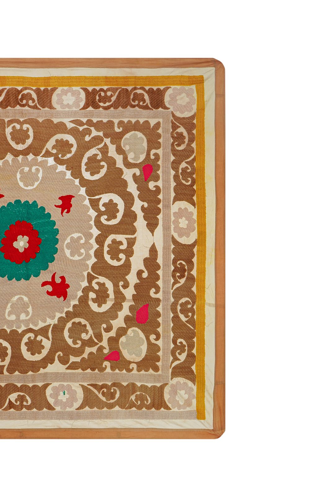 Handmade Suzani Tablecover – Tan Beige Textile With Emerald & Red Boho Details 3'9'' X 4'2'' photo Textiles