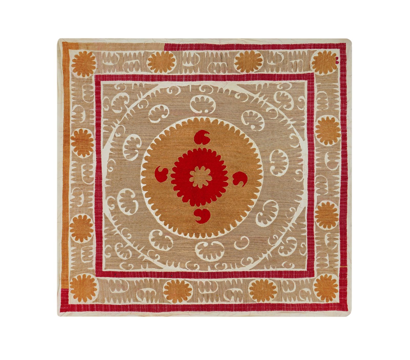 Handmade Suzani Tablecover – Red Terracotta Beige  Textile, Style Decorative Table Cloth For Home & Dining 4'1'' X 4'2''