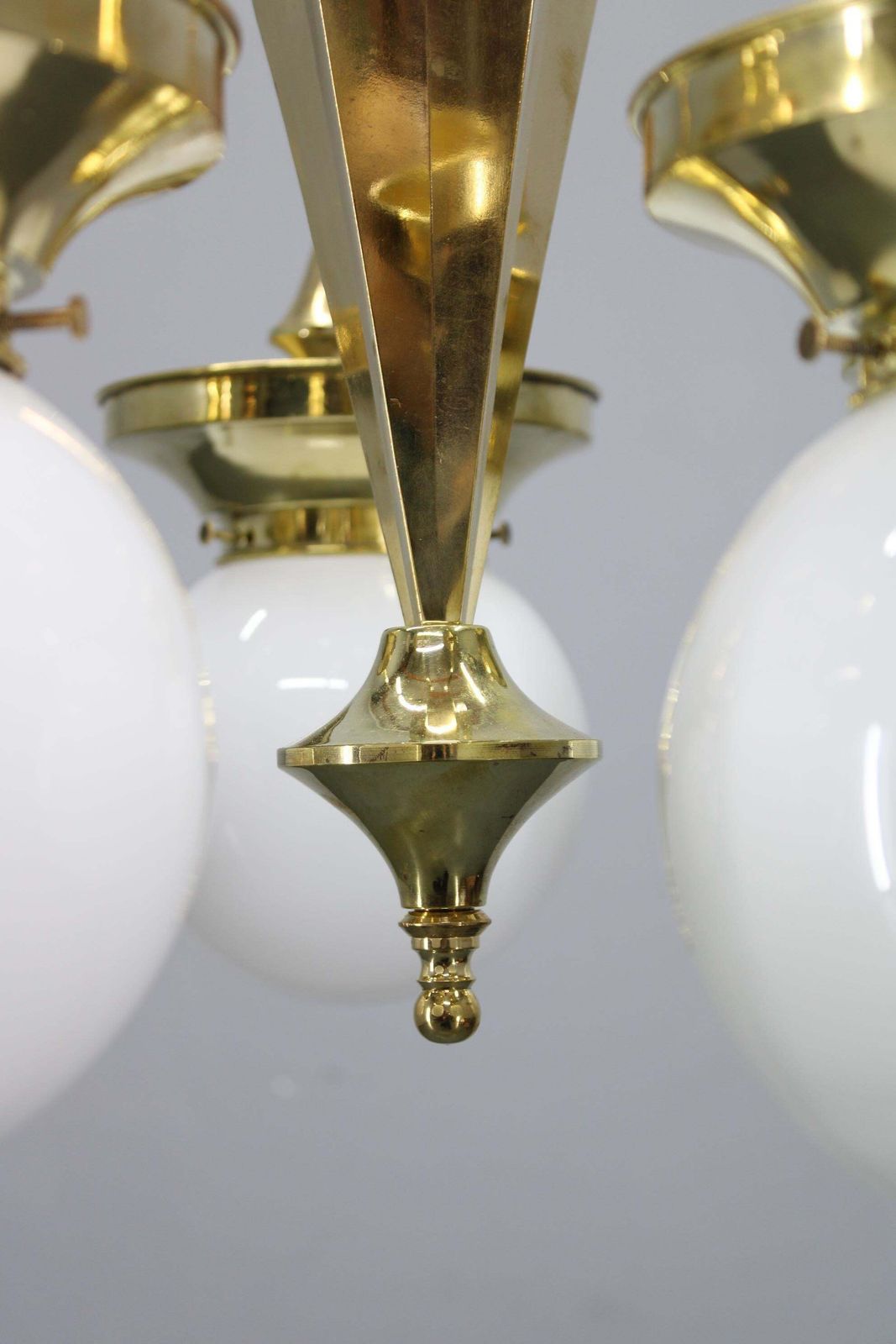 1930s Czechoslovak Art Deco Brass Chandelier With Five Opaline Glass Globes photo Lighting