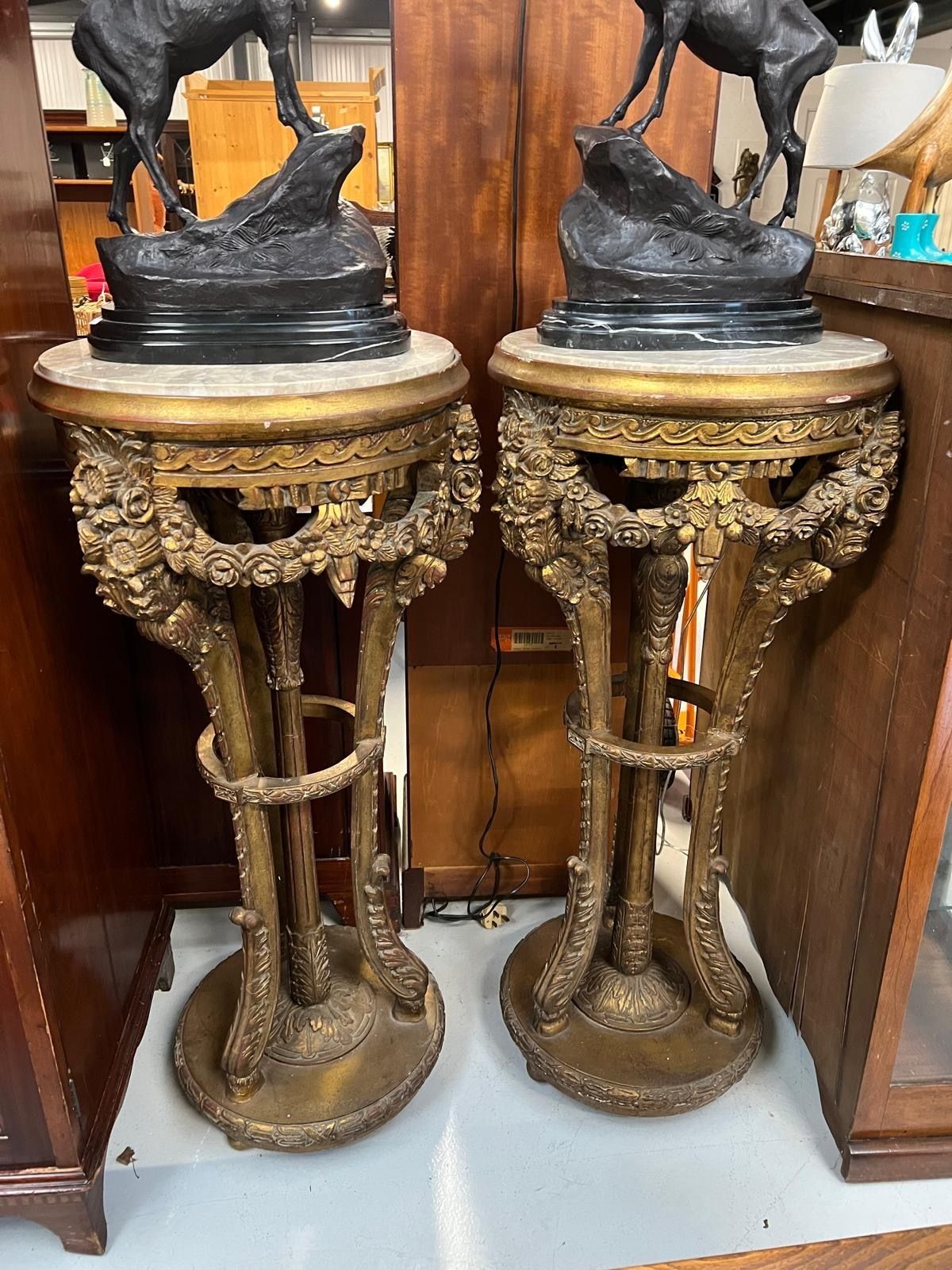 Pair Of Antique Carved Gilded Marble Topped Columns photo for sale