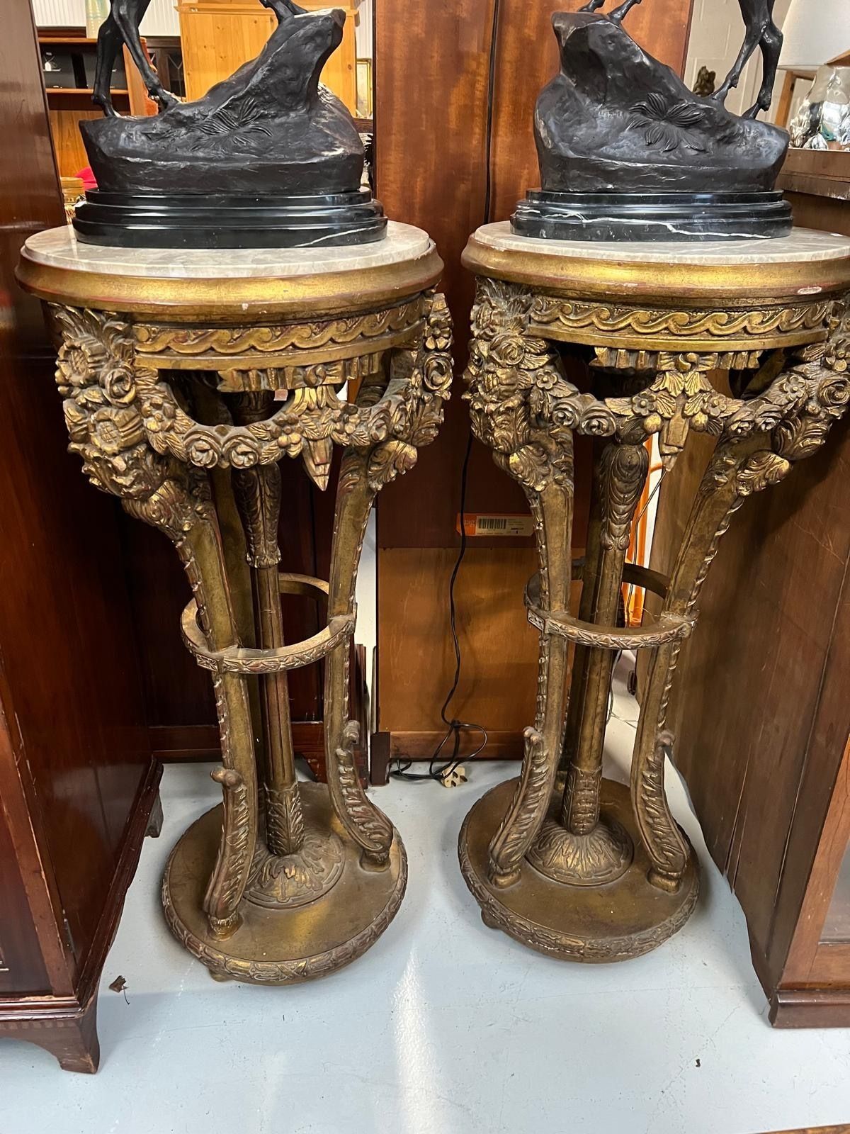 Pair Of Antique Carved Gilded Marble Topped Columns