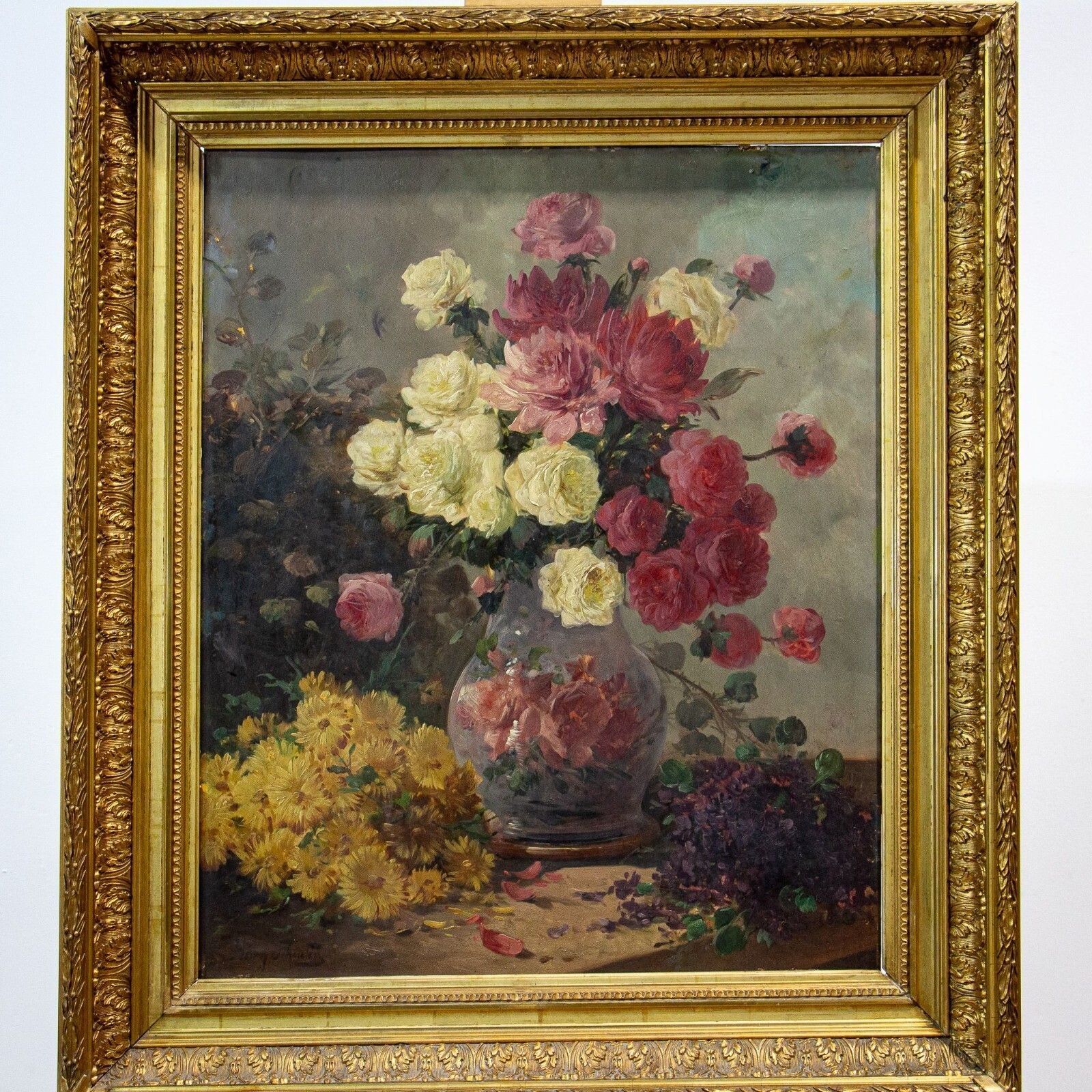 Pair Of Henry Schouten Flower Oil Paintings On Oak Board photo vintage