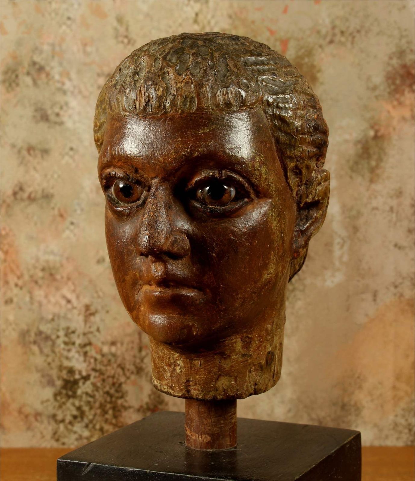 Antique Carved Wood Head. 18th Century Italian Polychrome Statue Carving.