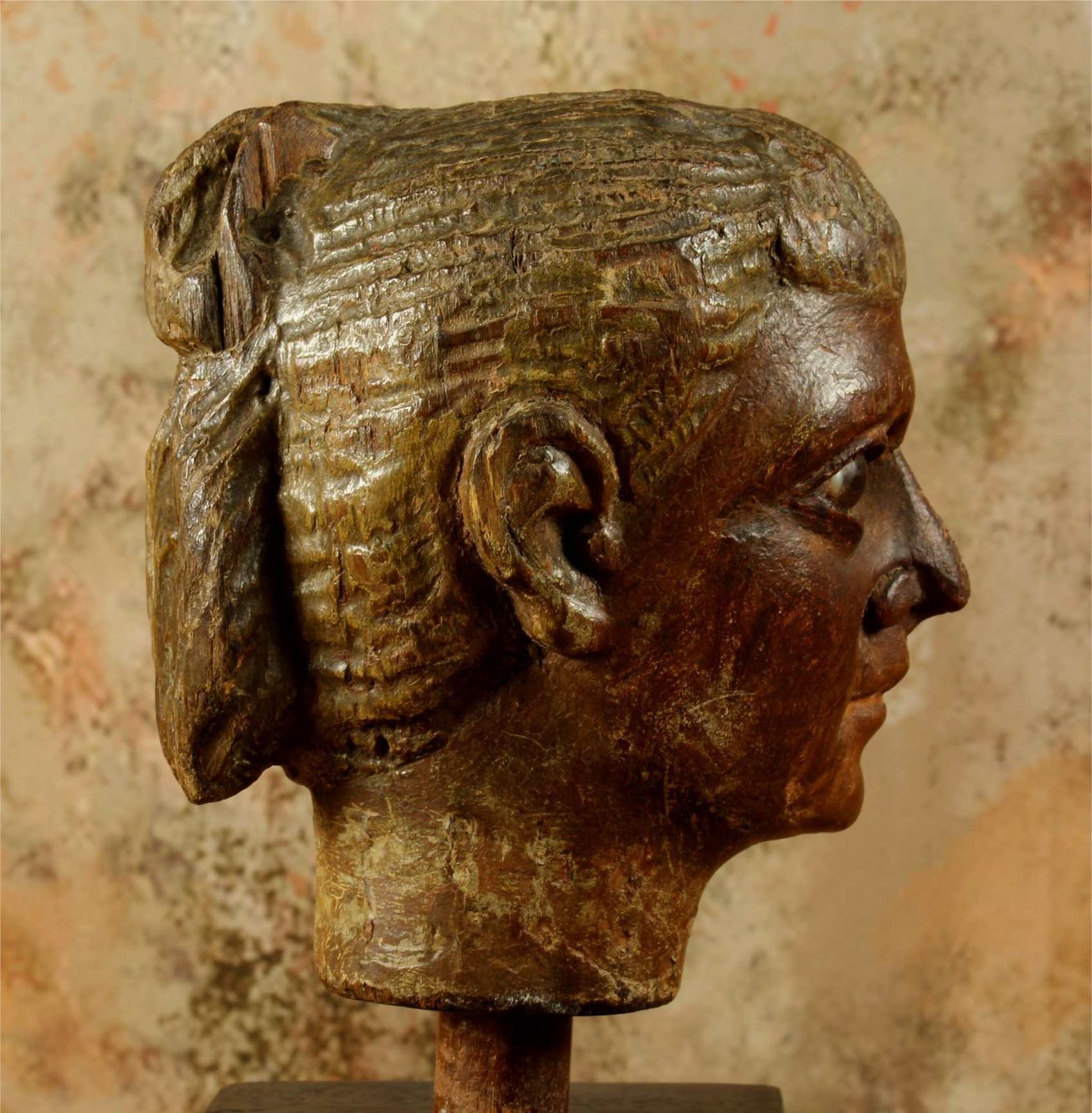 Antique Carved Wood Head. 18th Century Italian Polychrome Statue Carving. photo Art