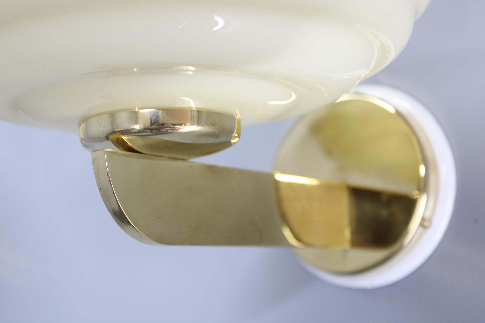 photo for sale Pair Of 1940s Czechoslovak Art Deco Brass Wall Lights With Opaline Glass Shades