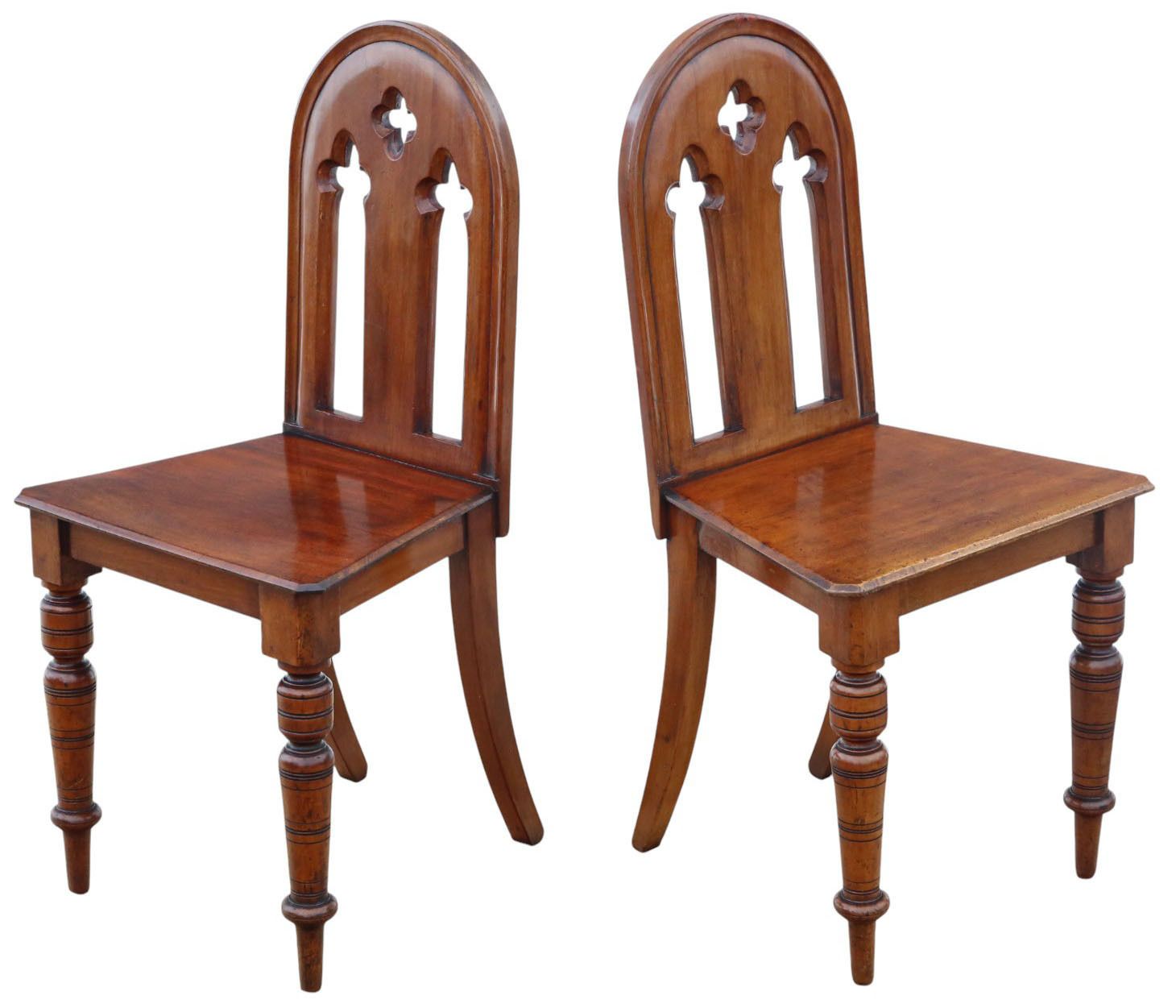 Antique 19th Century Pair Of Mahogany Gothic Hall Chairs – Fine Quality Side Chairs photo for sale