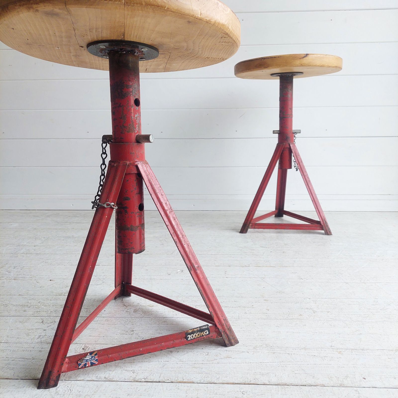 photo for sale Mid Century Industrial Adjustable Stools Red Metal And Wood 1960s Set Of 2