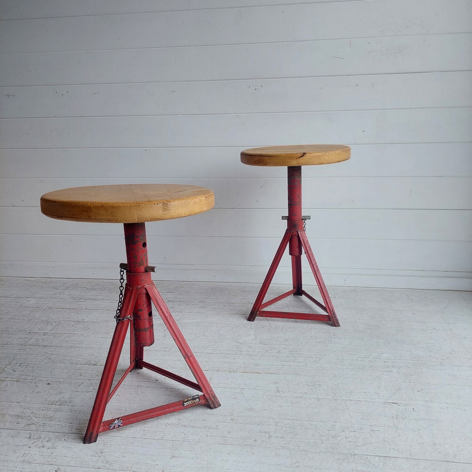 Mid Century Industrial Adjustable Stools Red Metal And Wood 1960s Set Of 2 photo vinterior