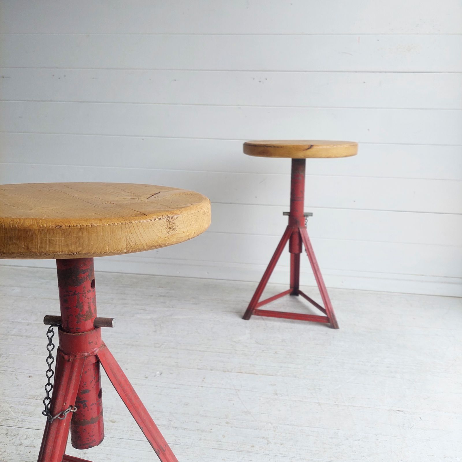 Mid Century Industrial Adjustable Stools Red Metal And Wood 1960s Set Of 2 photo furniture