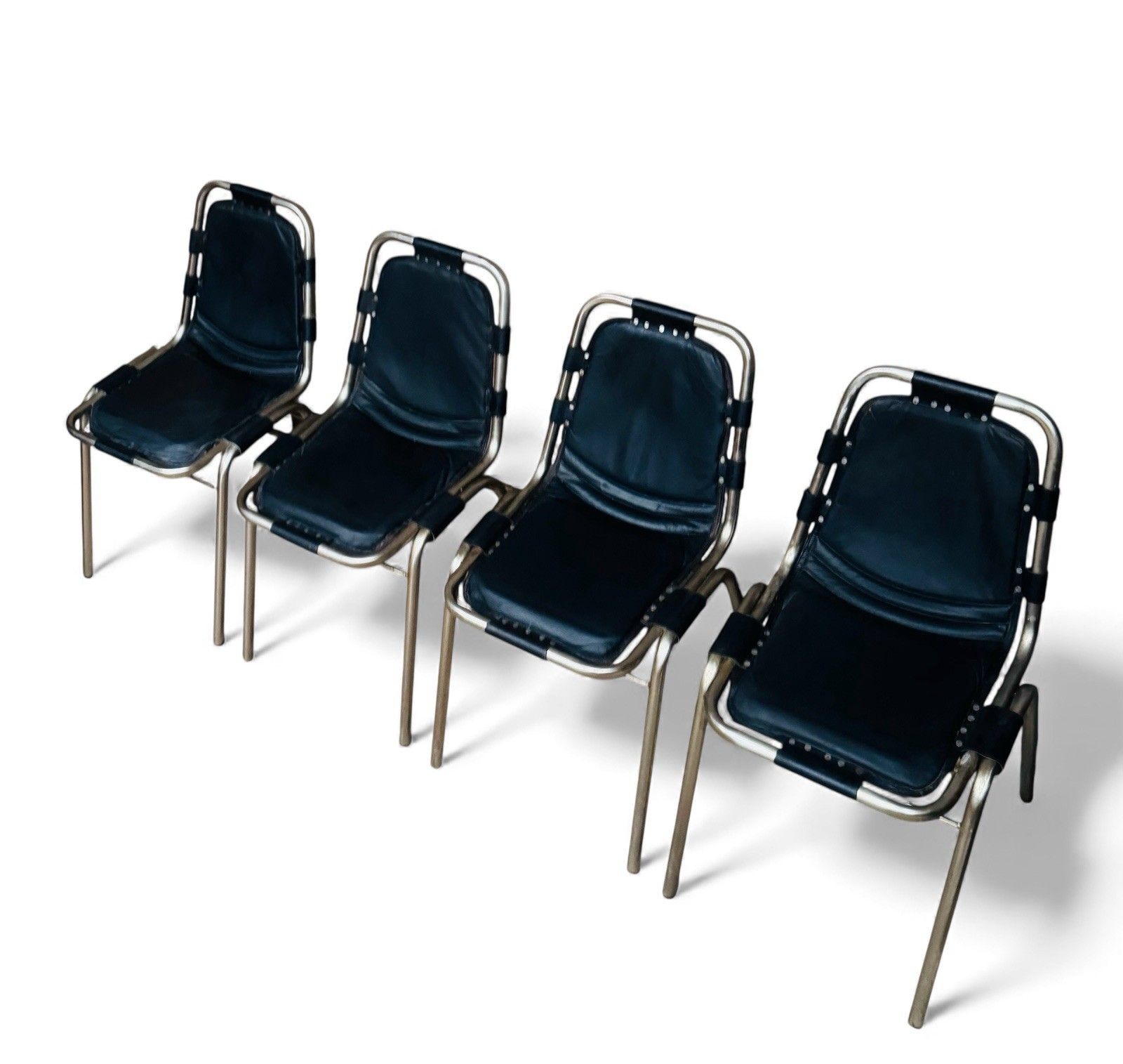 Set Of Four Les Arcs Steel And Leather Dining Chairs Charlotte Perriand Style photo Furniture