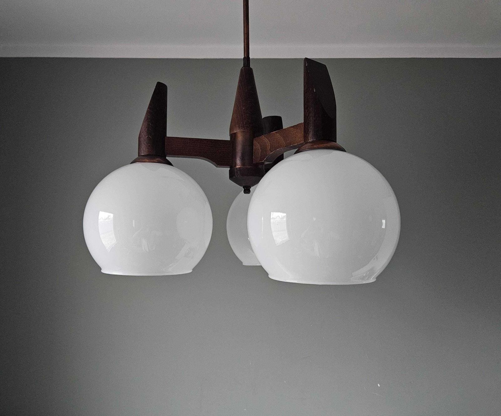 photo furniture 1 Of 2 / Vintage 3 Globe Wooden Chandelier And Glass Shades, Mid Century Modern