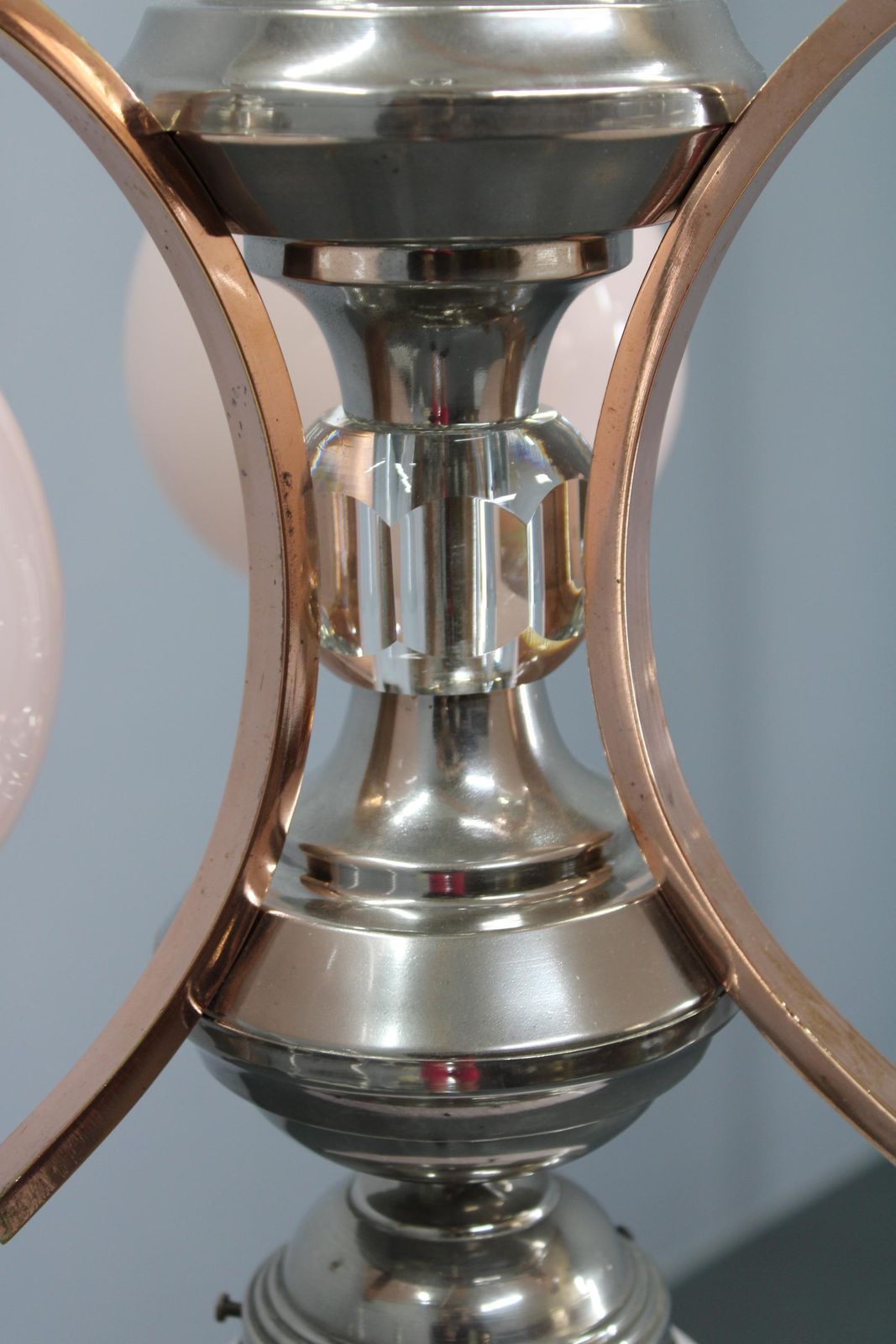 photo for sale 1930s Czechoslovak Art Deco Nickel Chandelier With Rose Opaline Glass Globes