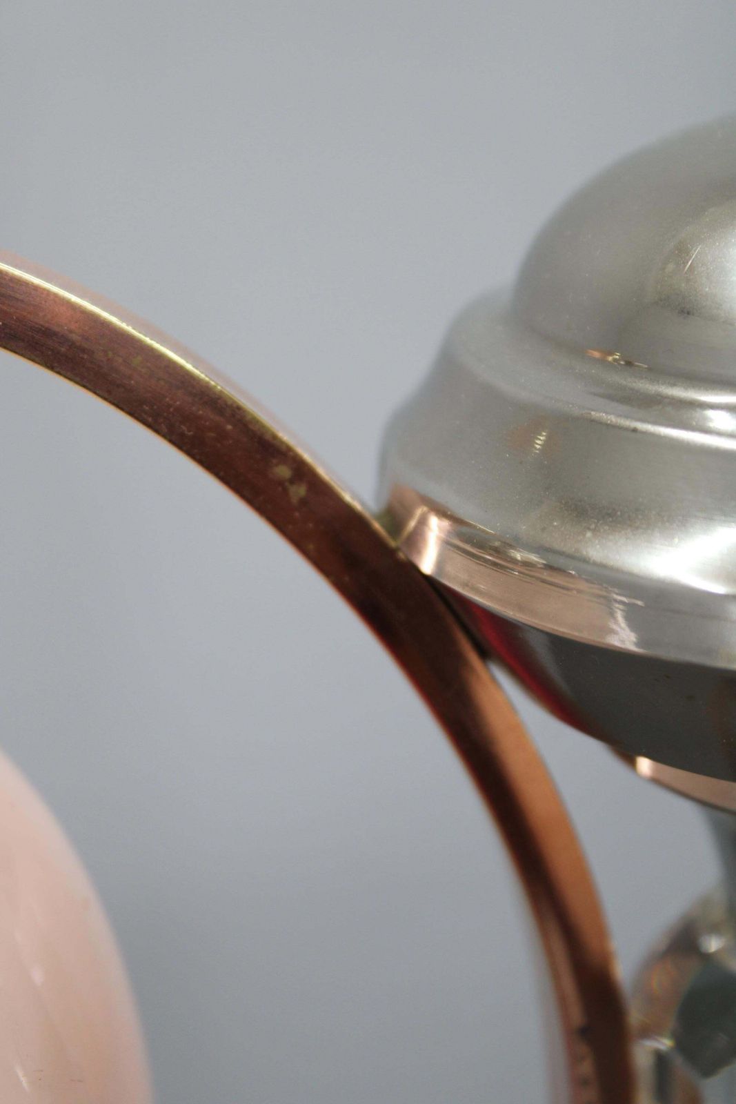 Lighting 1930s Czechoslovak Art Deco Nickel Chandelier With Rose Opaline Glass Globes photo