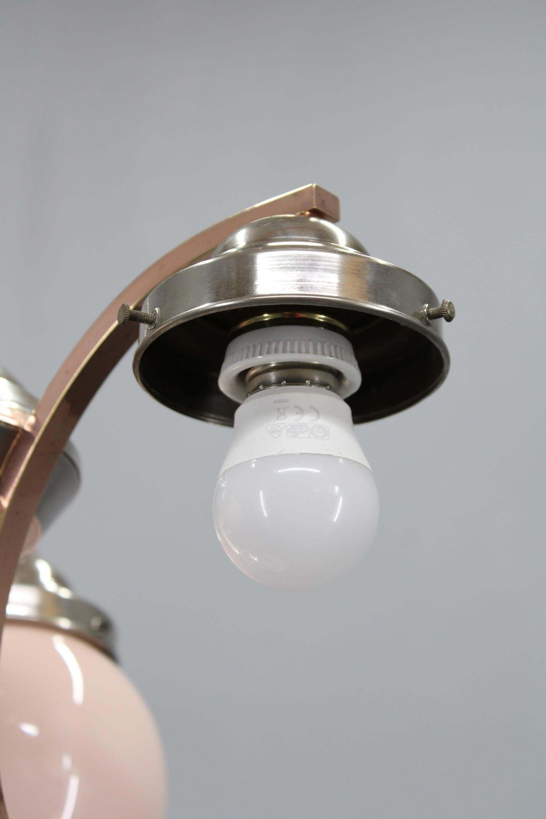 photo vinterior 1930s Czechoslovak Art Deco Nickel Chandelier With Rose Opaline Glass Globes