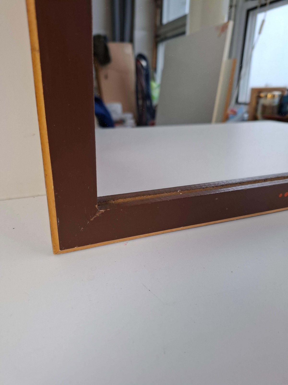 photo for sale 1960s Czechoslovak Mid Century Wooden Mirror With Graphic Frame Detail