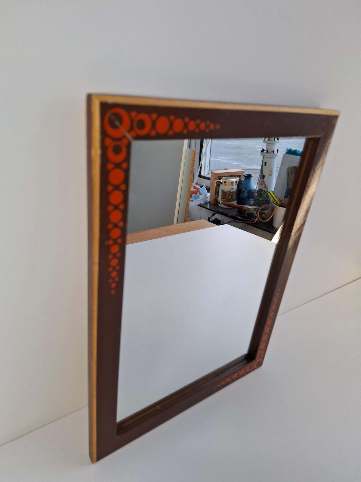 photo buy 1960s Czechoslovak Mid Century Wooden Mirror With Graphic Frame Detail