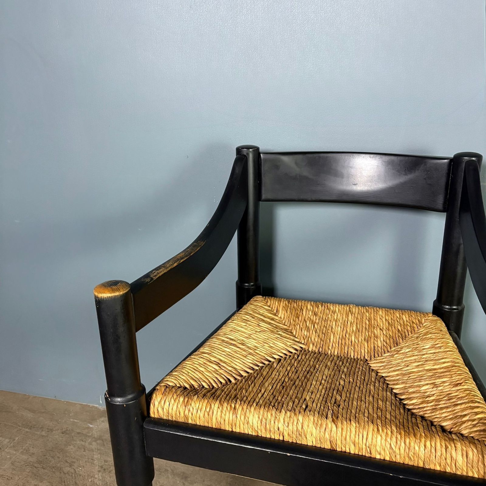 Carimate Black Carver Rush Papercord Dining Chair By Vico Magistretti For Cassina Mid Century Retro Mcm photo for sale