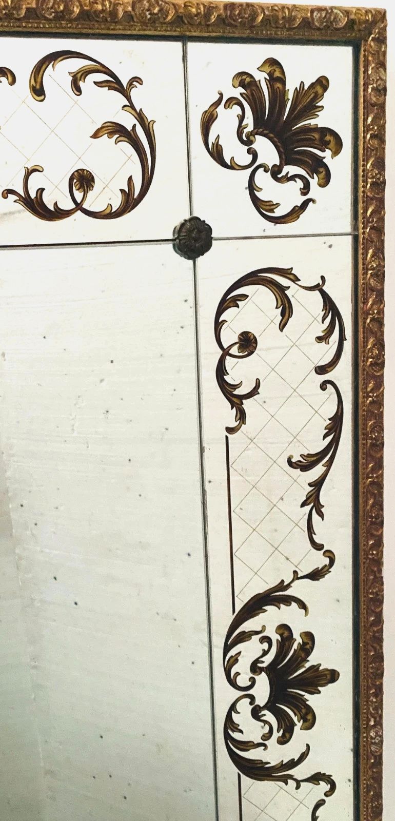 Decorated Mirror In Glomized Glass Circa 1950 Gilded Wooden Frame 20th Century photo for sale