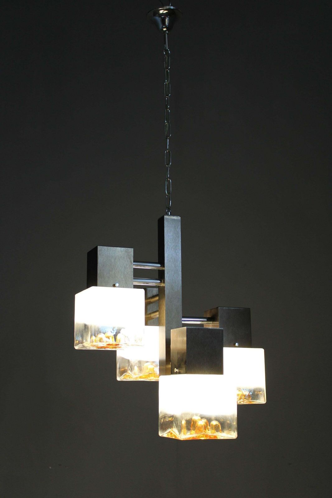 photo vinterior 1970s Italian Chandelier With Murano Glass Shades And Anodized Metal Frame