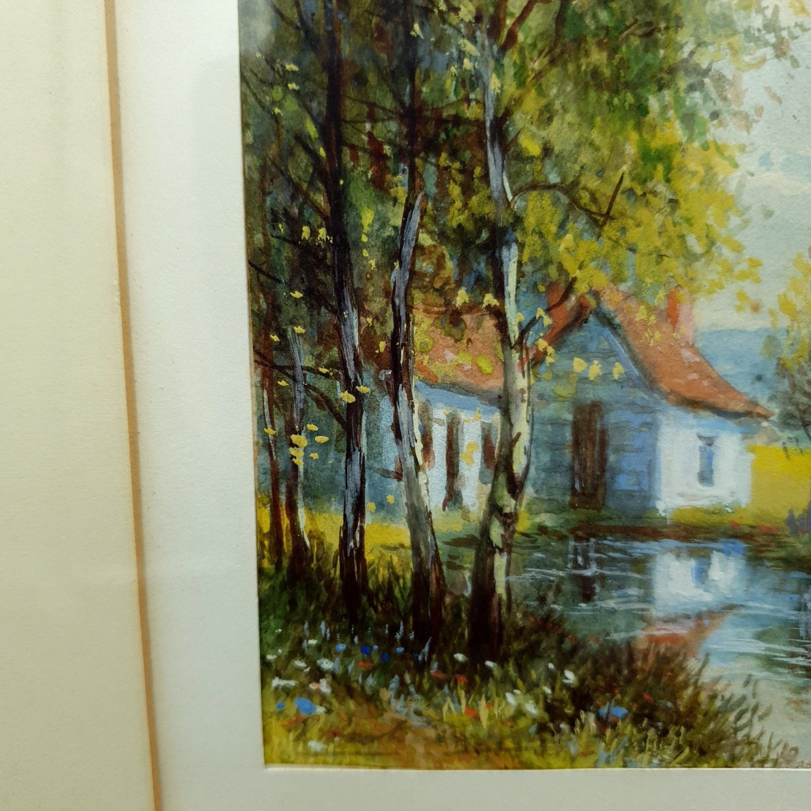 Watercolour Signed 'After Hulk' Tranquil Cottages & River Framed H32.5x26.5cm photo vintage