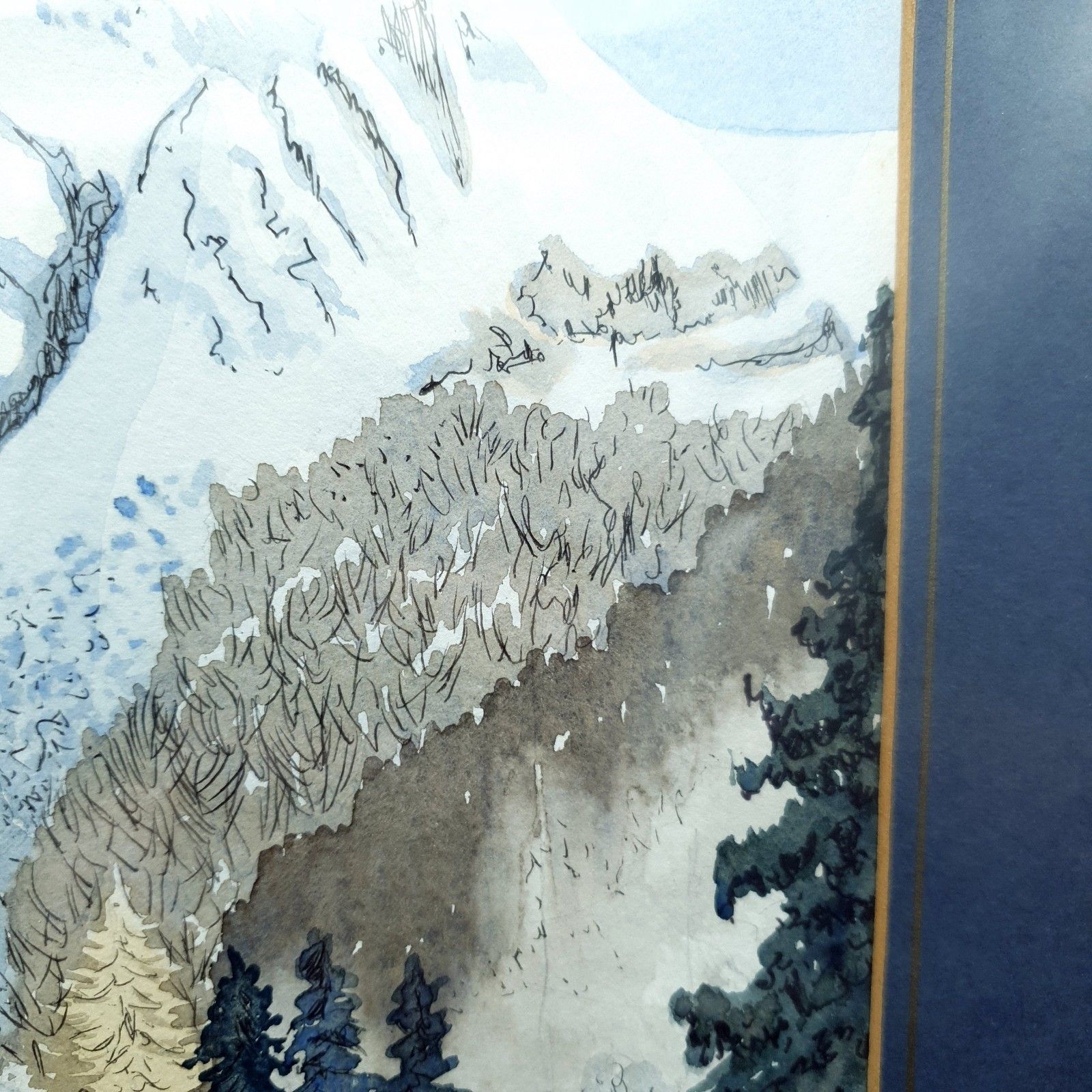 Signed Watercolour A Thomas? Alpine Mountain Skiing Scene Framed H40.5cmxl31cm photo vintage