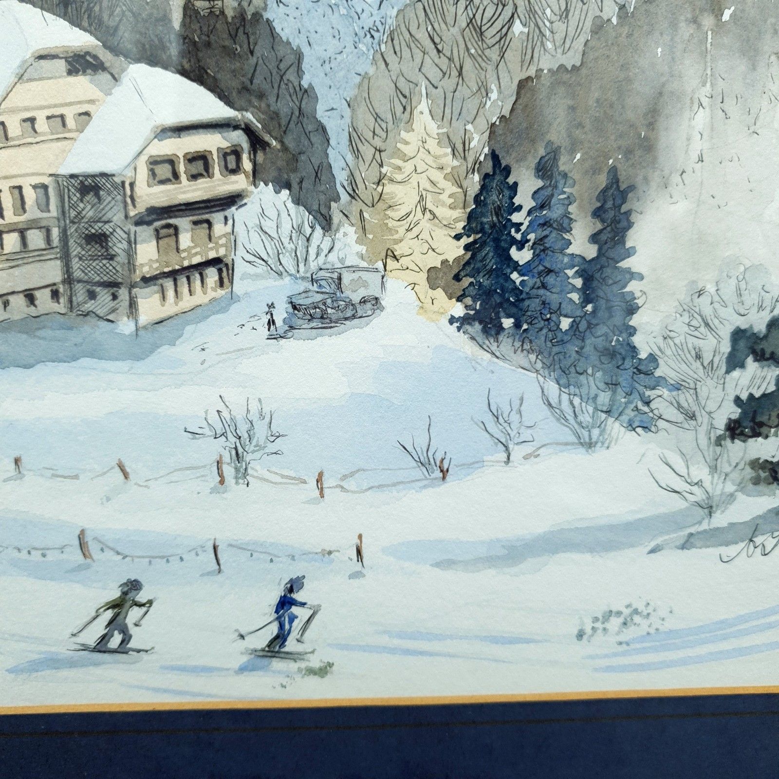 photo for sale Signed Watercolour A Thomas? Alpine Mountain Skiing Scene Framed H40.5cmxl31cm