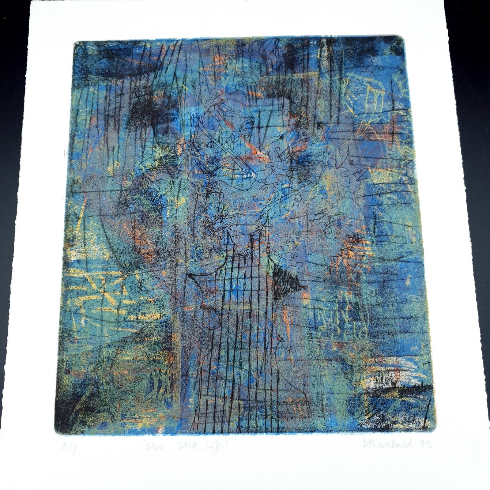 Dom Theobald Signed Limited Print Etching 1995 Named Blue Still Life H37xl33cm photo furniture