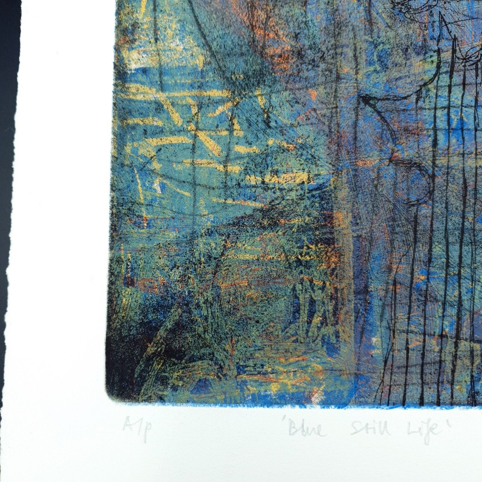 photo furniture Dom Theobald Signed Limited Print Etching 1995 Named Blue Still Life H37xl33cm