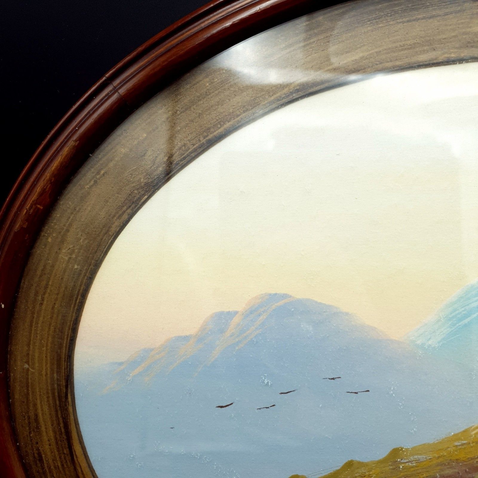 Watercolour Oval Antique? Vintage Mountain Lake & Boat Scene L40cm H32.3cm photo for sale