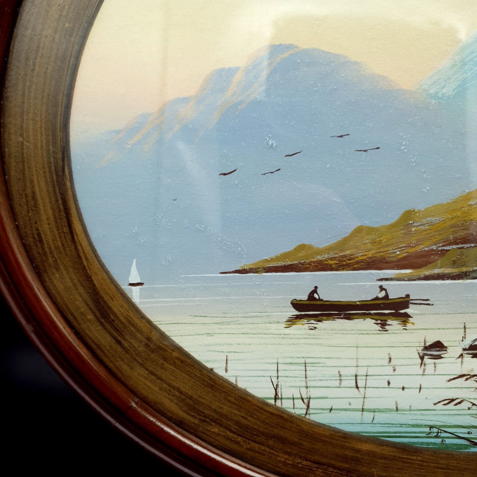 Watercolour Oval Antique? Vintage Mountain Lake & Boat Scene L40cm H32.3cm photo vinterior