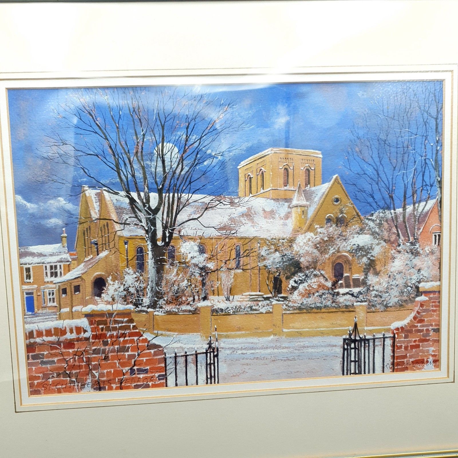 Rob Maddams Signed Watercolour St Cuthberts Church Bedford Winter Scene 52x42.5c photo furniture