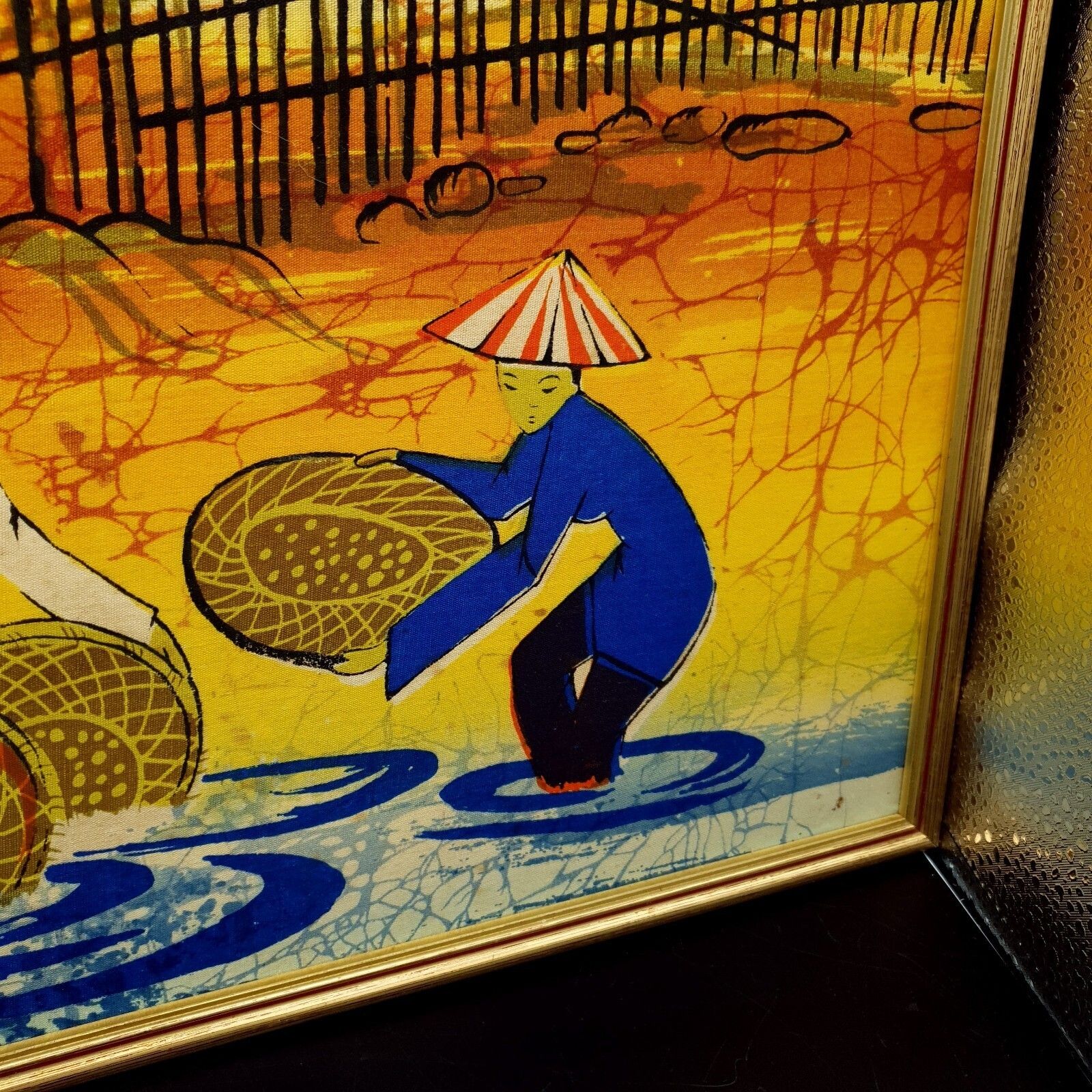 60.0 Vintage Malaysian Batik Art Panel Signed Village Harvest C1950 60s L50.5cmxh37cm photo