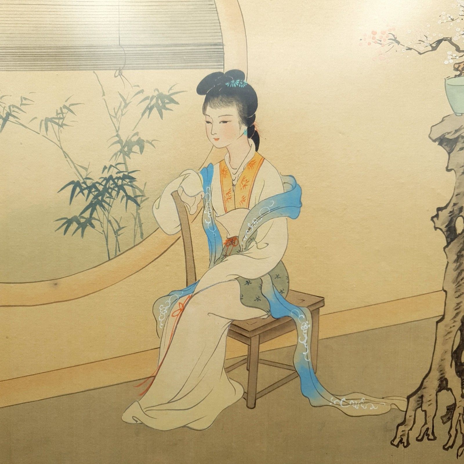 Chinese Silk Hand Painted Wuchen September 1928? Bo Yu? Lady & Blossom Framed photo buy