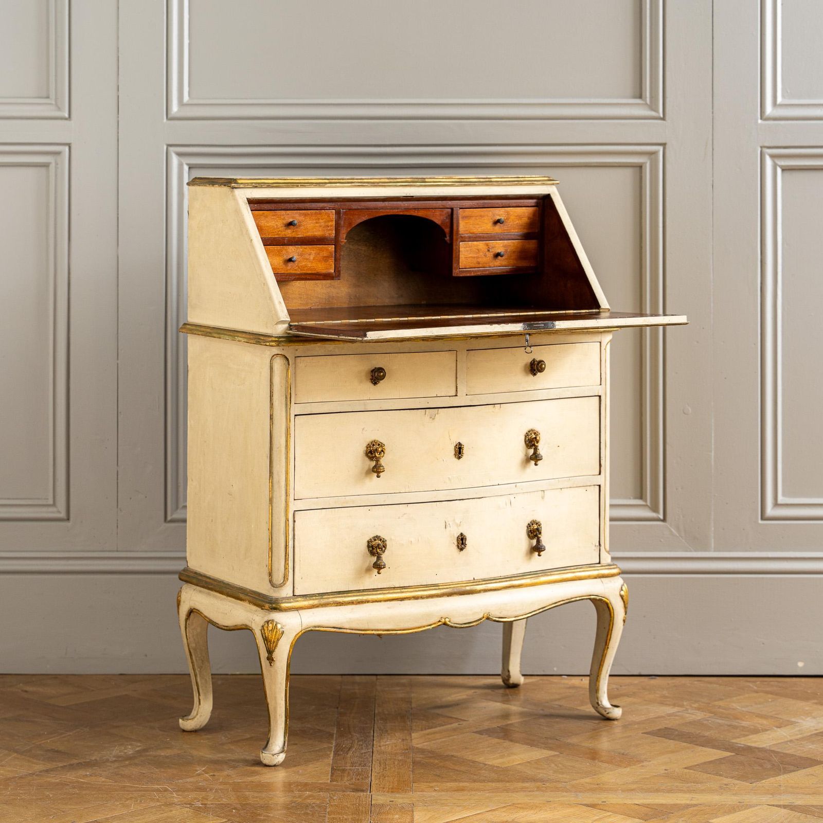 Small Antique Italian Drop Front Scriban Desk In Original Paint And Gilt Accents photo Furniture