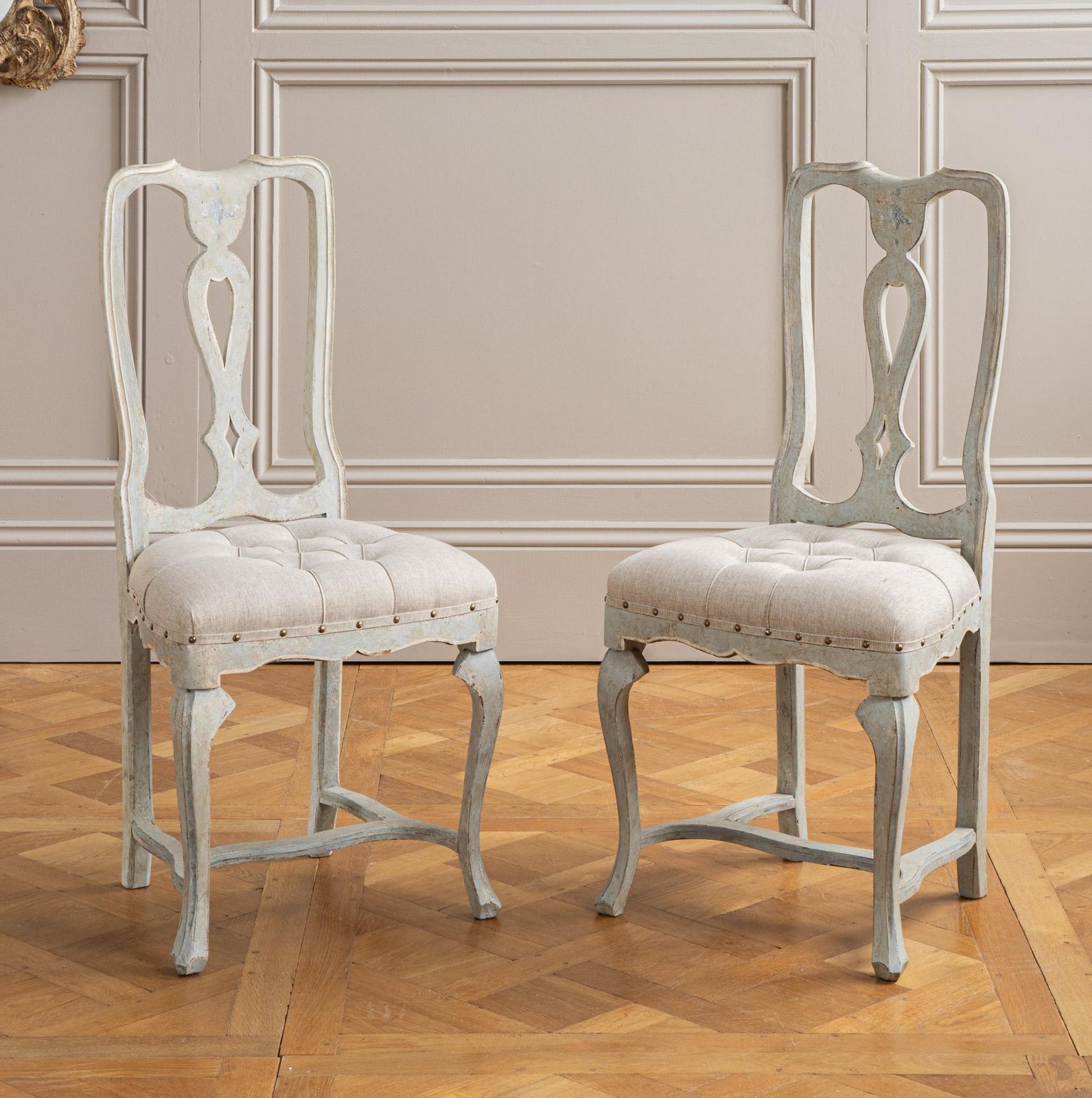 Set Of 6 Early 20th C. Italian Dining Chairs With Pale Grey Blue Painted Patina photo 3703.0