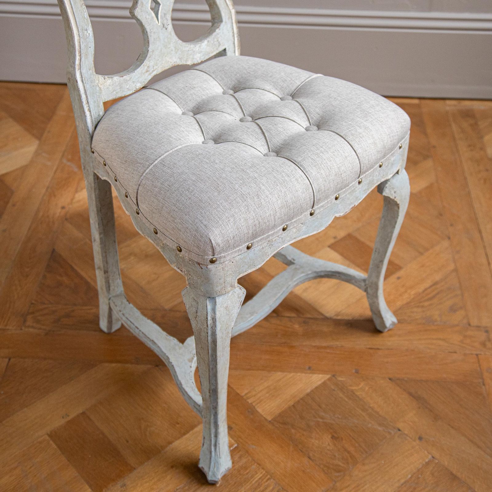 photo for sale Set Of 6 Early 20th C. Italian Dining Chairs With Pale Grey Blue Painted Patina