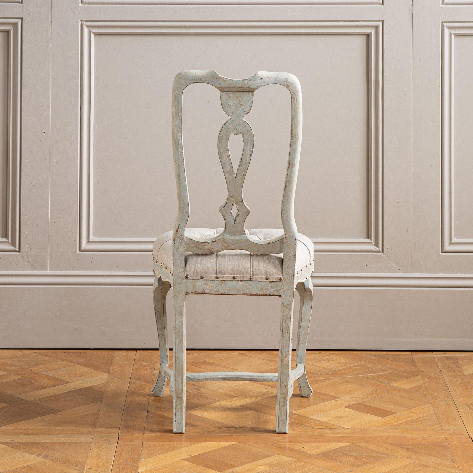 3703.0 Set Of 6 Early 20th C. Italian Dining Chairs With Pale Grey Blue Painted Patina photo