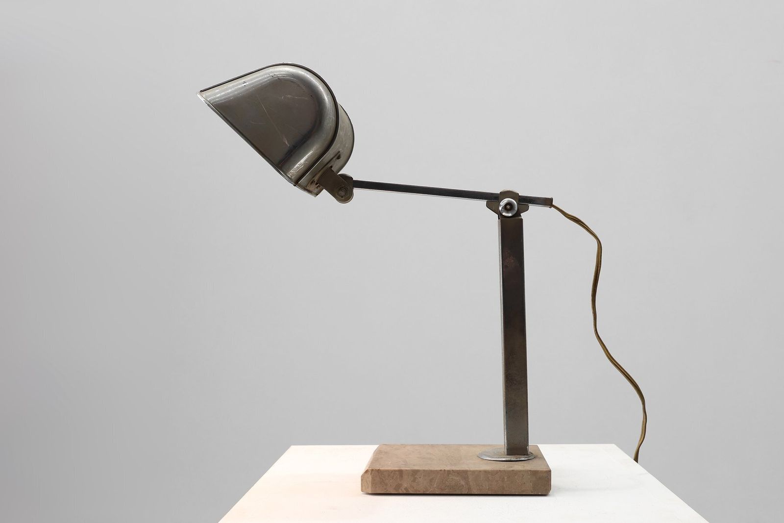 photo for sale Art Deco Industrial Metal And Travertine Desk Lamp, Belgium, 1930s